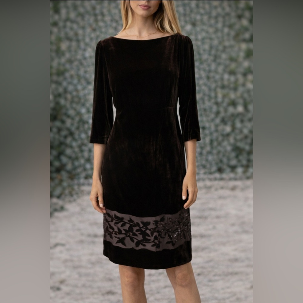 Kay Unger Dress 6 Brown 3/4 Long Sleeve Stretch Silk Velvet